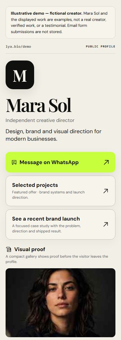Screenshot of the working LYA public demo showing a fictional creator identity, contact action, and selected projects.